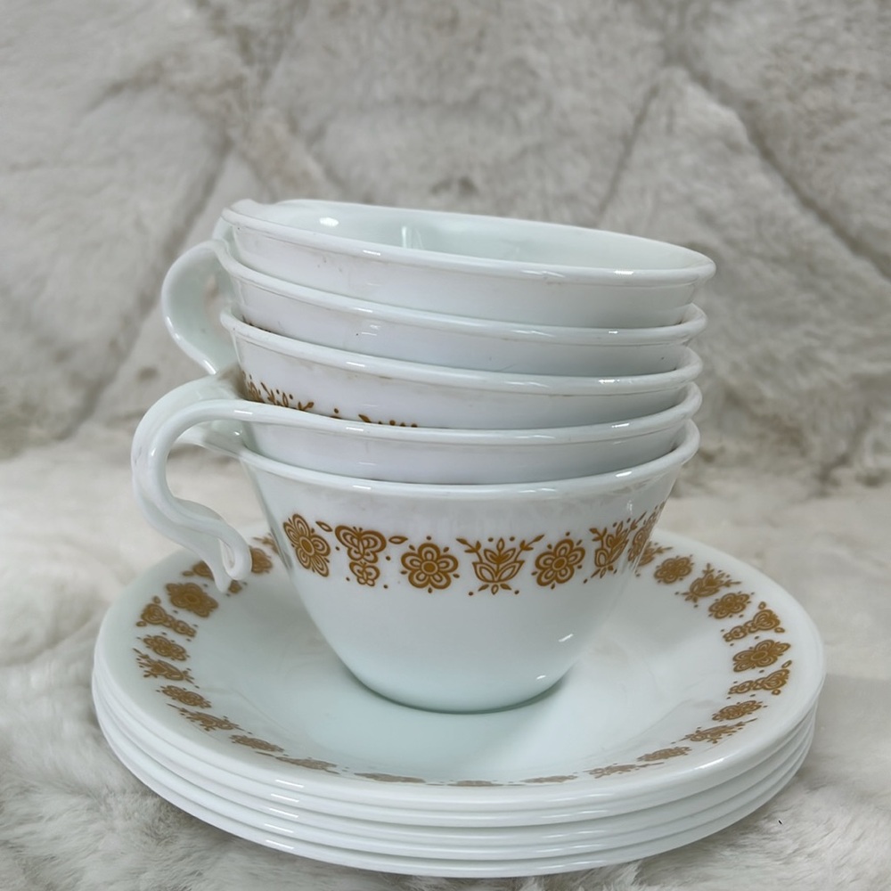 Vintage Corelle Butterfly Gold Hook Handle Cups & Saucers Set of 6